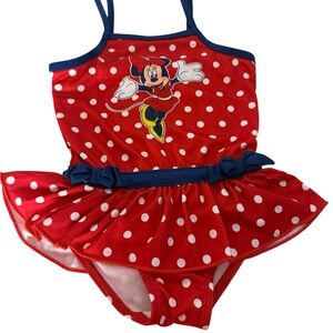 Disney Red and White Polka Dot Minnie Mouse One-Piece Swimsuit with Navy Trim